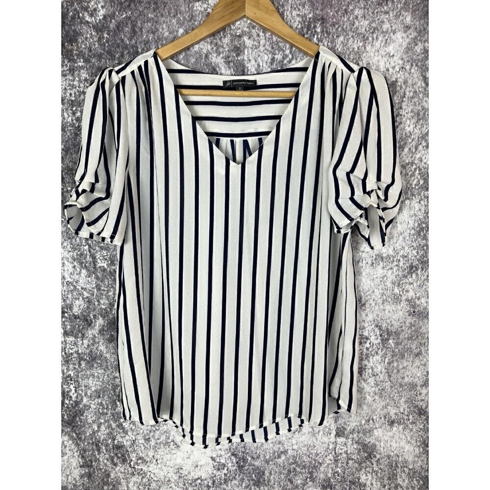 ADRIANNA PAPELL Striped blouse Top Black & White‎ Pullover Ruched Sleeve Medium